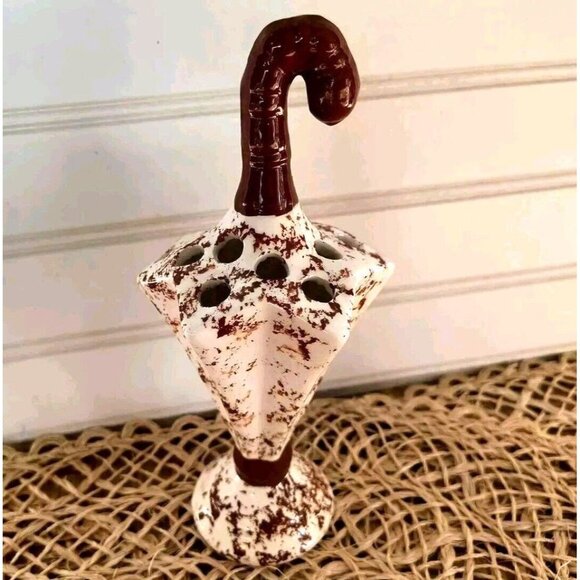 Vintage Umbrella Hat Pin Holder, Brown Speckled Porcelain, EUC - Picture 1 of 8